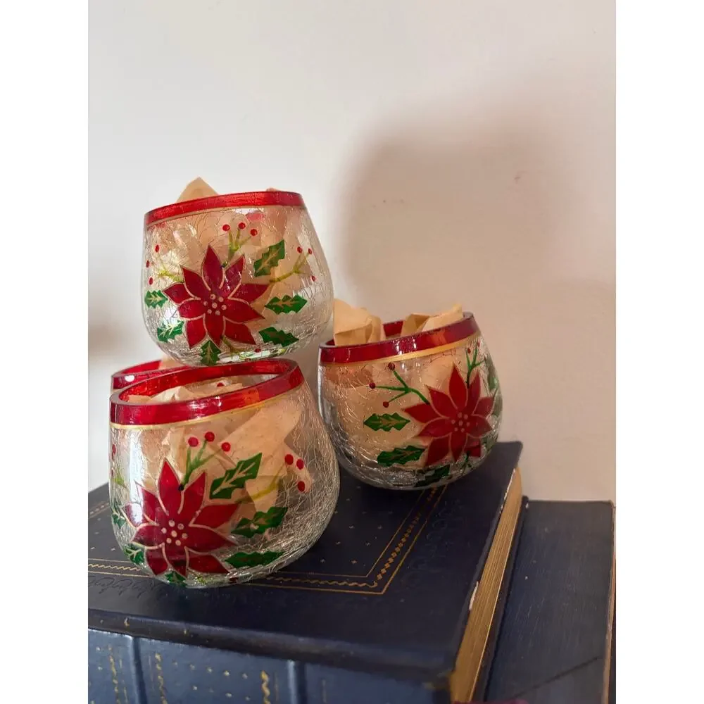 Vintage Crackle Glass Votive Candle Holders Hand Painted Red Poinsettias Set 4